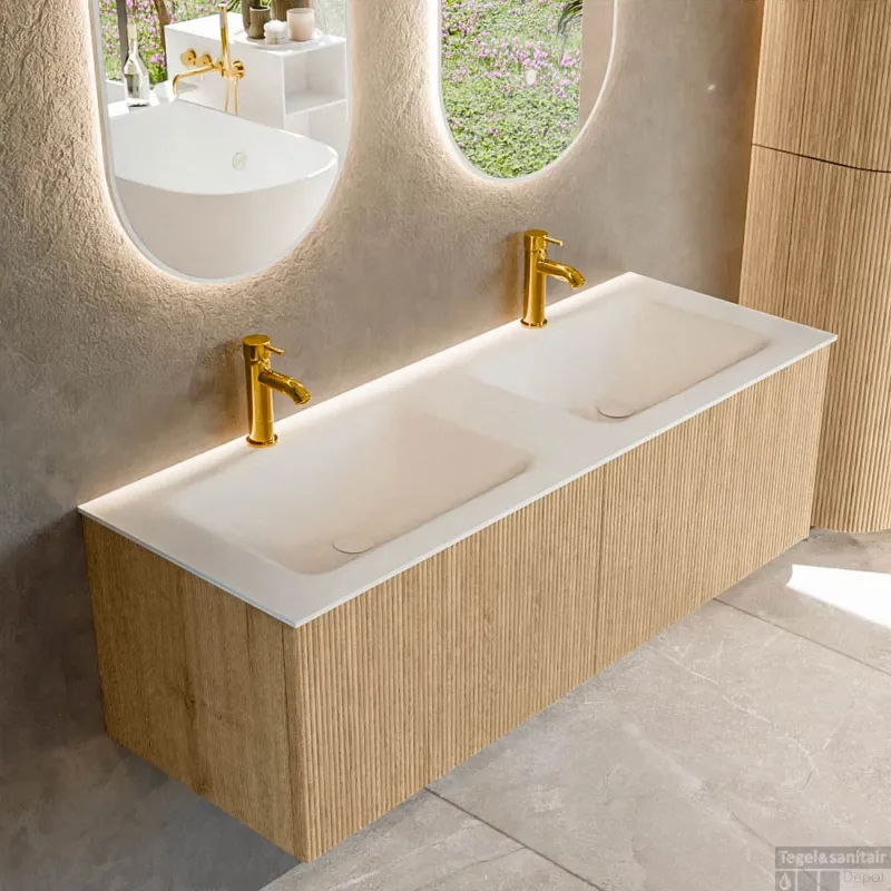 Aanbieding Mondiaz KURVE 130 cm Onderkast Greeploos 2 Lades Zonder Deuren Oak, Wastafel Solid Surface Dubbel Talc 2 Kraangaten Zonder Spiegel (KRVCLO1302L0D2KD-Oak/Tal)