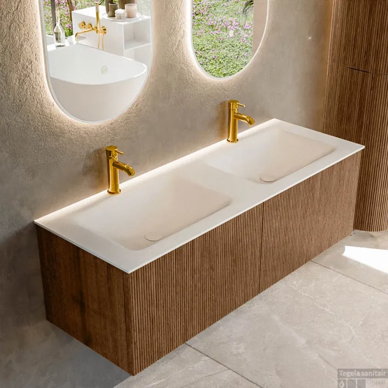 Direct Verzonden Mondiaz KURVE 130 cm Onderkast Greeploos 2 Lades Zonder Deuren Walnut, Wastafel Solid Surface Dubbel Talc 2 Kraangaten Zonder Spiegel (KRVCLO1302L0D2KD-Wal/Tal)