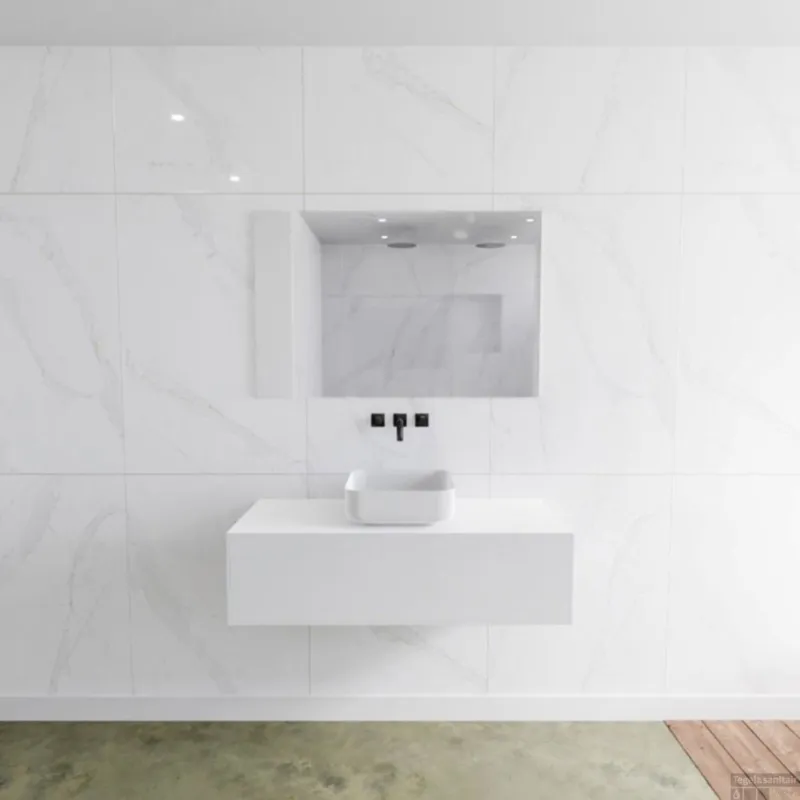 Badkamermeubelset Mondiaz LAGOM 110 cm met Topblad Gecentreerde Wastafel Solid Surface Opzetkom Binx Zonder Kraangaten Mat Wit (1 lade) Betaalbaar