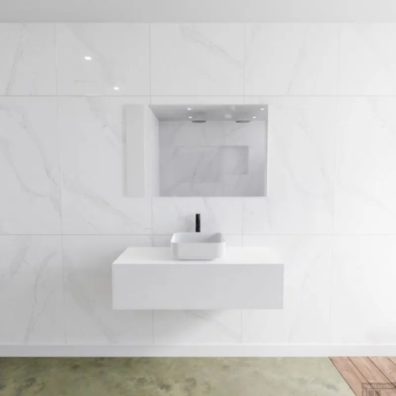Premium Badkamermeubelset Mondiaz LAGOM 110 cm met Topblad Gecentreerde Wastafel Solid Surface Opzetkom Binx Met 1 Kraangat Mat Wit (1 lade)