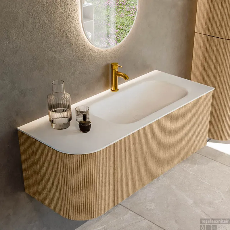 Premium Mondiaz KURVE 115 cm Onderkast Greeploos 1 Lade Met Deuren Oak, Wastafel Solid Surface Rechts Talc 1 Kraangat Zonder Spiegel (KRVBGS115L1L1D1KR-Oak/Tal)