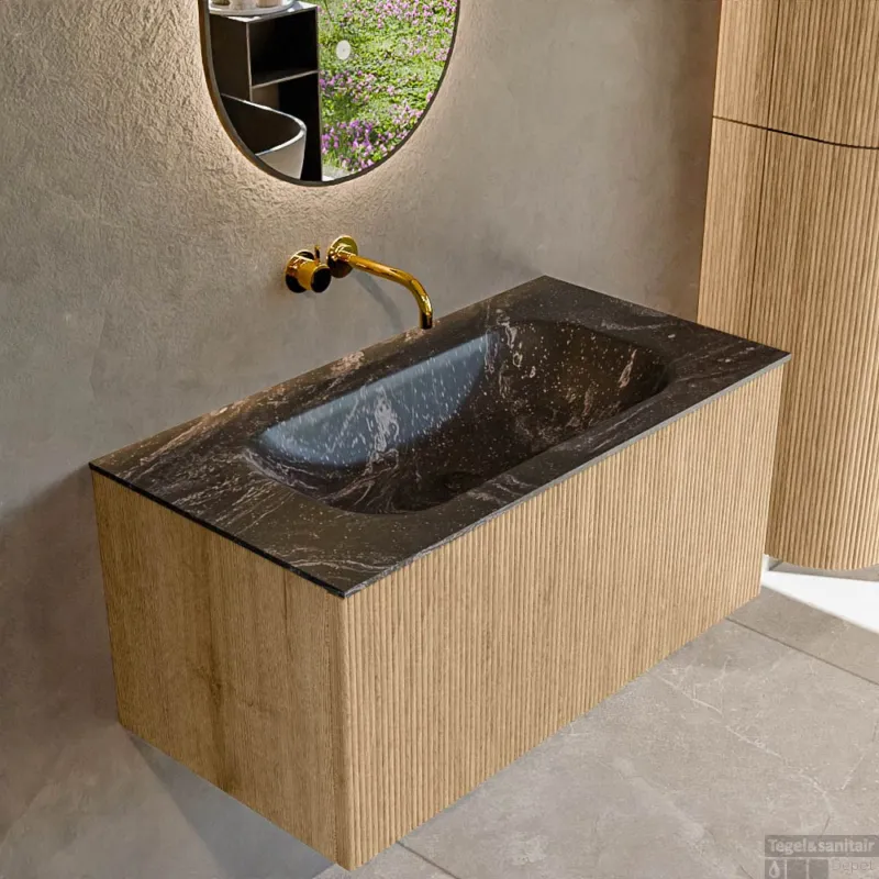 Hoge Kwaliteit Mondiaz KURVE-DLUX 90 cm Onderkast Greeploos 1 Lade Zonder Deuren Oak, Wastafel Solid Surface Midden Lava 0 Kraangaten Zonder Spiegel (KRVBGS901L0D0KM-Oak/Lav)