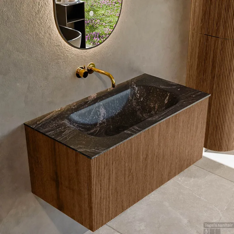 Bestel Nu Mondiaz KURVE-DLUX 90 cm Onderkast Greeploos 1 Lade Zonder Deuren Walnut, Wastafel Solid Surface Midden Lava 0 Kraangaten Zonder Spiegel (KRVBGS901L0D0KM-Wal/Lav)