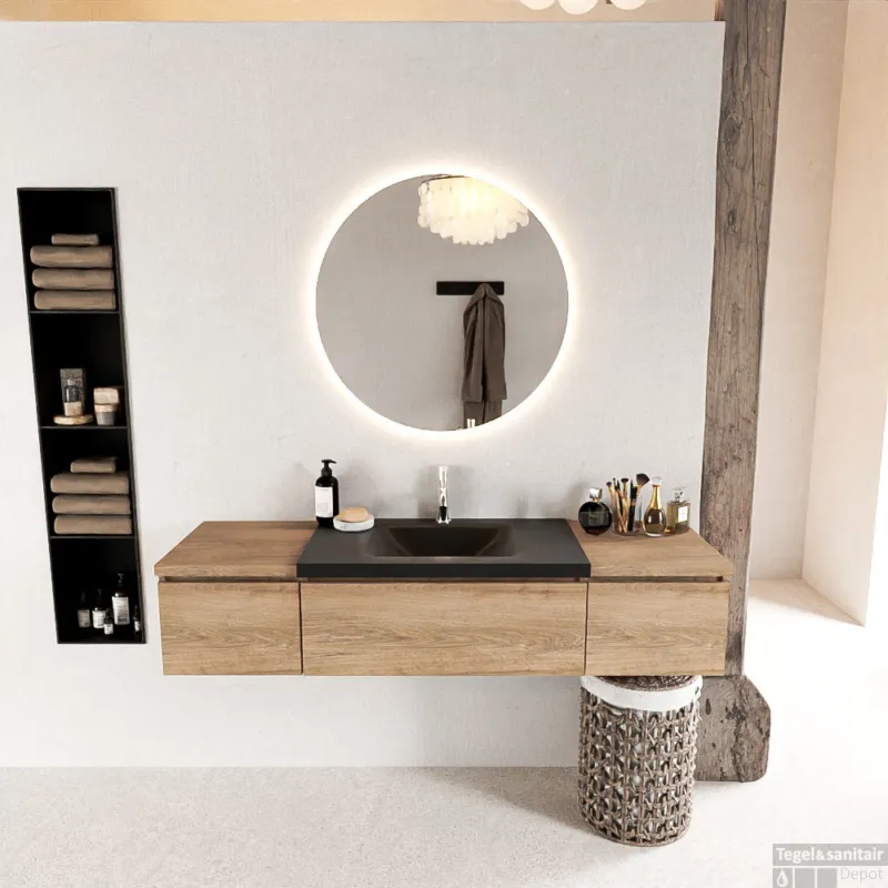 Direct Beschikbaar MONDIAZ BUKLA 160cm badmeubel met module 40 kleur Washed Oak met 3 lades. Wastafel CLOUD midden 1 kraangat kleur Urban.