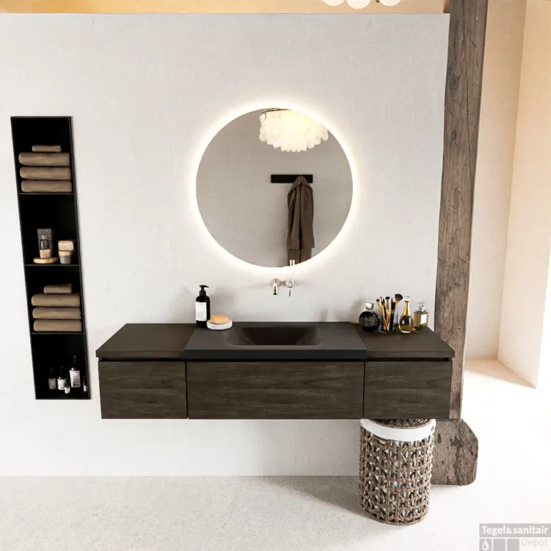 MONDIAZ BUKLA 160cm badmeubel met module 40 kleur Dark Brown met 3 lades. Wastafel CLOUD midden 0 kraangaten kleur Urban. Superprijs