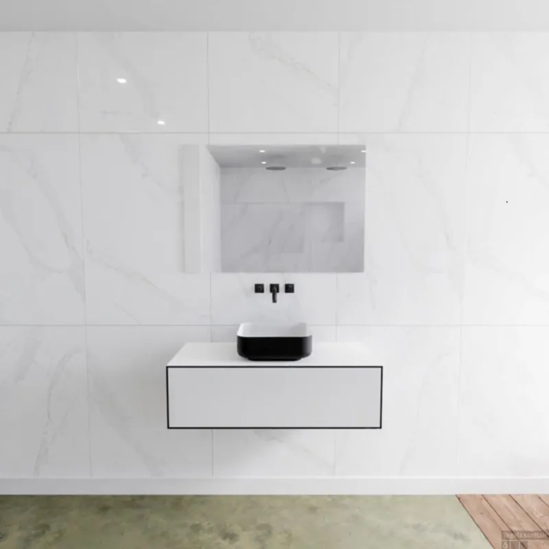 Badkamermeubelset Mondiaz LAGOM 100 cm Topblad met Gecentreerde Wastafel Solid Surface Opzetkom Binx Zonder Kraangat Mat Zwart (1 lade) Gereduceerde Prijs