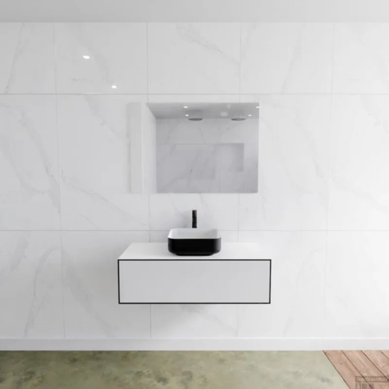 Hete Deal Badkamermeubelset Mondiaz LAGOM 100 cm Topblad met Gecentreerde Wastafel Solid Surface Opzetkom Binx met 1 Kraangat Mat Zwart (1 lade)