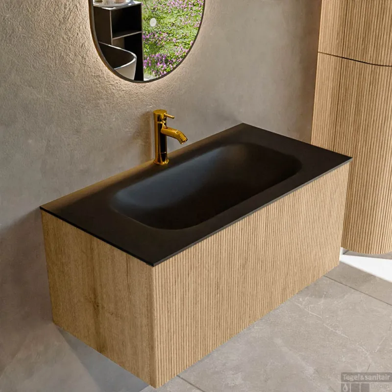 Beperkt Aanbod Mondiaz KURVE 90 cm Onderkast Greeploos 1 Lade Zonder Deuren Oak, Wastafel Solid Surface Midden Urban 1 Kraangat Zonder Spiegel (KRVBGS901L0D1KM-Oak/Urb)