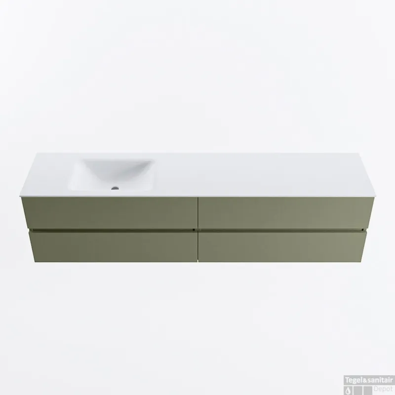 Fabrieksprijs MONDIAZ VICA 200cm badmeubel onderkast Army 4 lades. Wastafel CLOUD links 1 kraangat, kleur Talc.