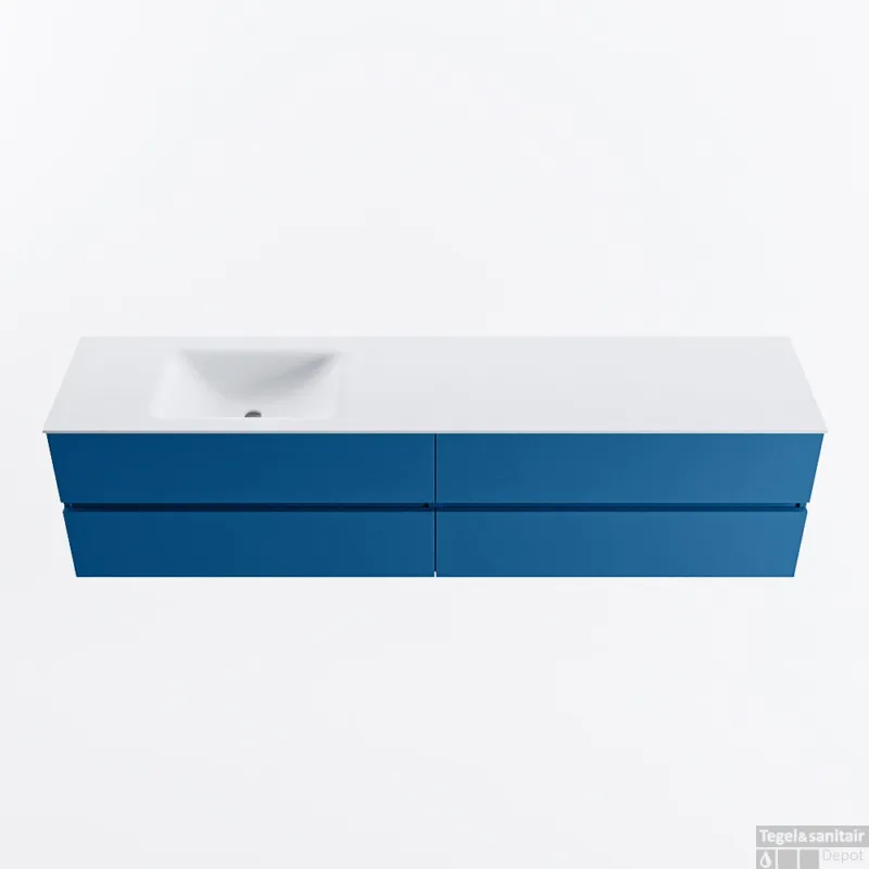 Bestseller MONDIAZ VICA 200cm badmeubel onderkast Jeans 4 lades. Wastafel CLOUD links zonder kraangat, kleur Talc.
