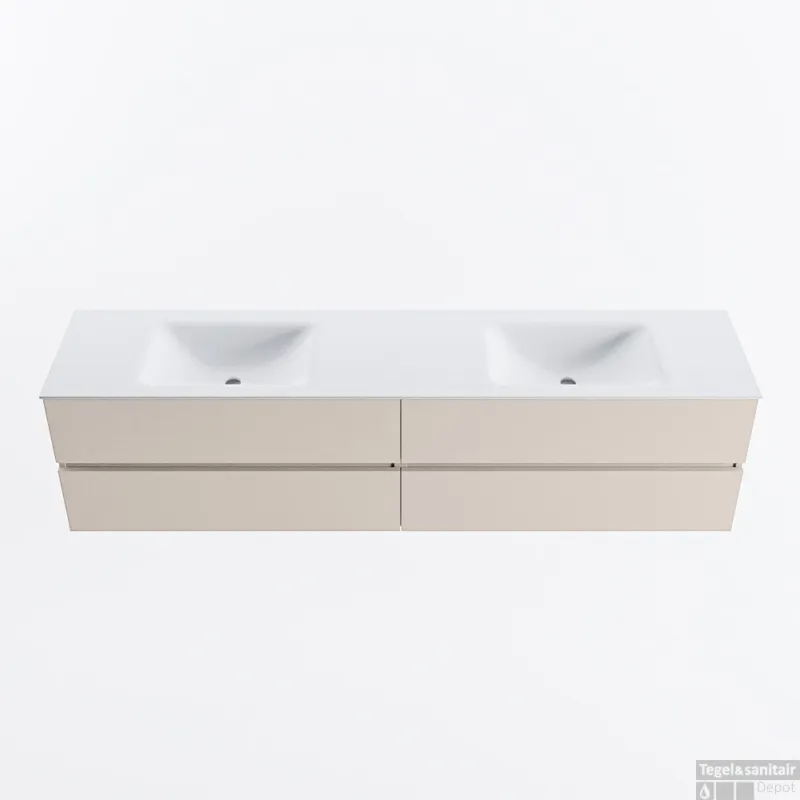 Weekendaanbieding MONDIAZ VICA 200cm badmeubel onderkast Linen 4 lades. Wastafel CLOUD dubbel 2 kraangaten, kleur Talc.