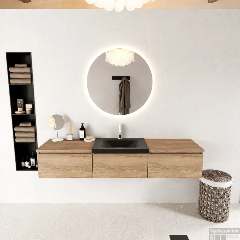 Hoge Kwaliteit MONDIAZ BUKLA 180cm badmeubel met module 60 kleur Washed Oak met 3 lades. Wastafel CLOUD midden 1 kraangat kleur Urban.