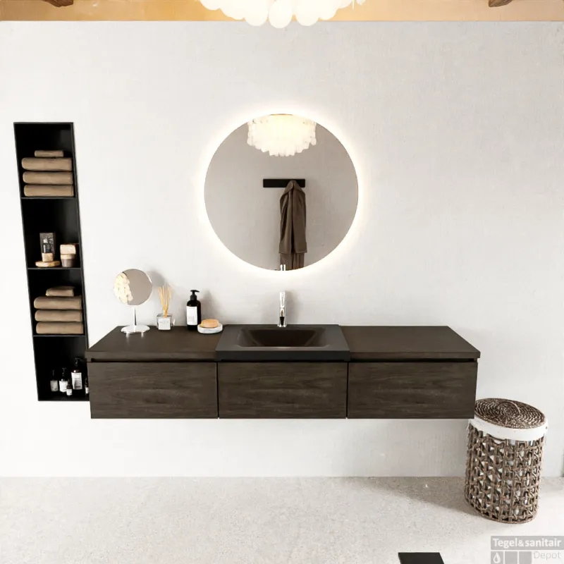 Op = Op MONDIAZ BUKLA 180cm badmeubel met module 60 kleur Dark Brown met 3 lades. Wastafel CLOUD midden 1 kraangat kleur Urban.