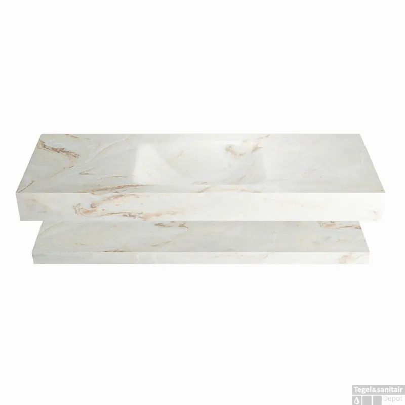 Gereduceerde Prijs MONDIAZ ALAN-DLUX 130cm planchet Frappe. Vrijhangende wastafel CLOUD midden zonder kraangat, kleur Frappe.