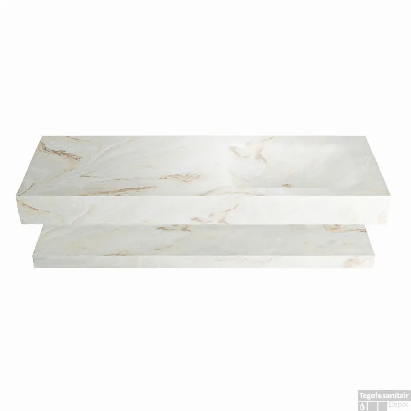 Uitverkoop MONDIAZ ALAN-DLUX 130cm planchet Frappe. Vrijhangende wastafel CLOUD rechts zonder kraangat, kleur Frappe.