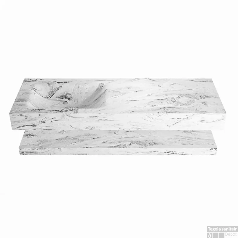 Speciale Aanbieding MONDIAZ ALAN-DLUX 130cm planchet Glace. Vrijhangende wastafel CLOUD links 1 kraangat, kleur Glace.
