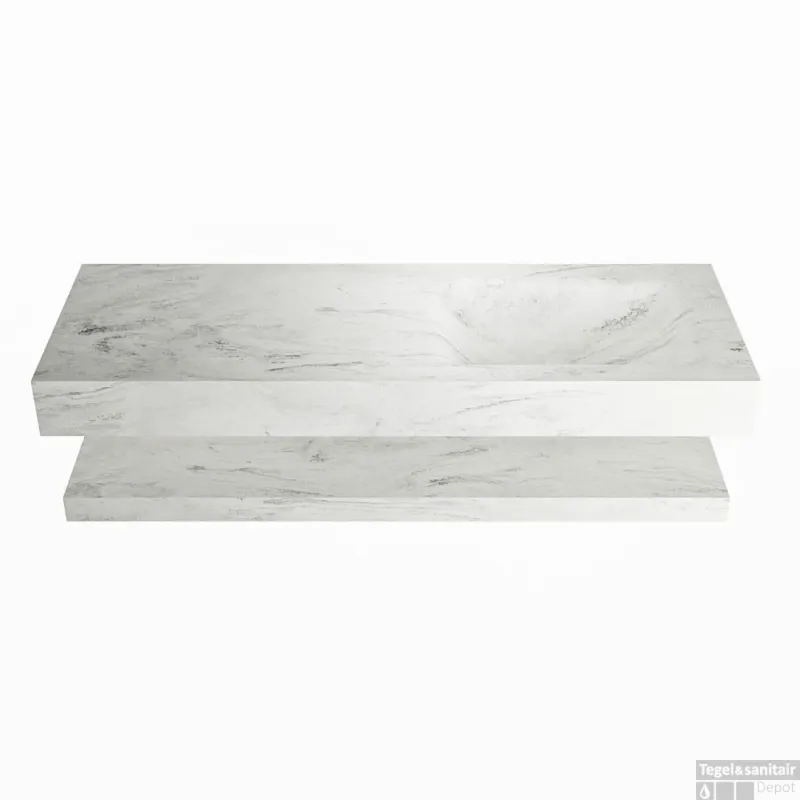 Bestseller MONDIAZ ALAN-DLUX 130cm planchet Opalo. Vrijhangende wastafel CLOUD rechts zonder kraangat, kleur Opalo.