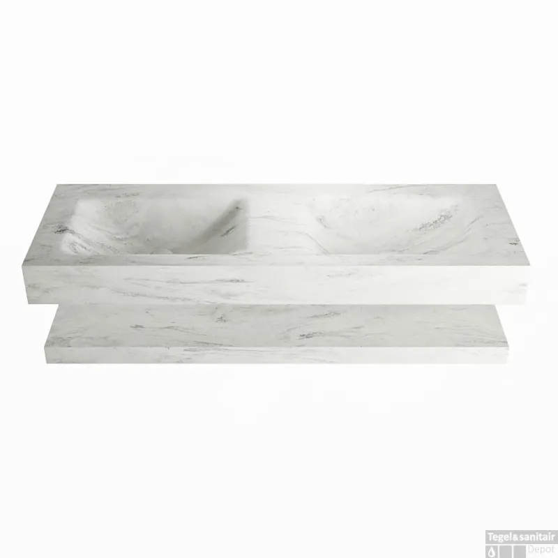 Bestseller MONDIAZ ALAN-DLUX 130cm planchet Opalo. Vrijhangende wastafel CLOUD dubbel zonder kraangat, kleur Opalo.