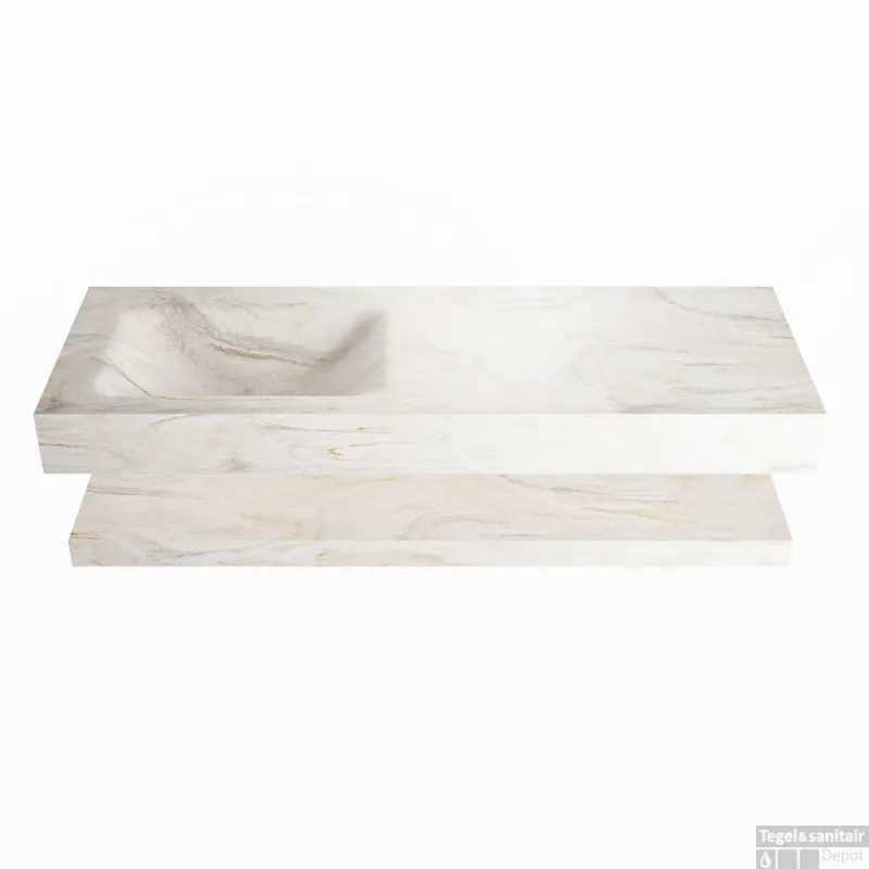 Flitsaanbieding MONDIAZ ALAN-DLUX 130cm planchet Ostra. Vrijhangende wastafel CLOUD links 1 kraangat, kleur Ostra.