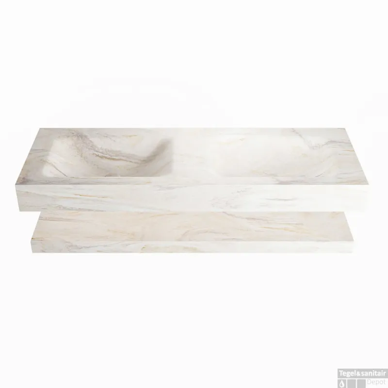 Seizoensaanbieding MONDIAZ ALAN-DLUX 130cm planchet Ostra. Vrijhangende wastafel CLOUD dubbel 2 kraangaten, kleur Ostra.