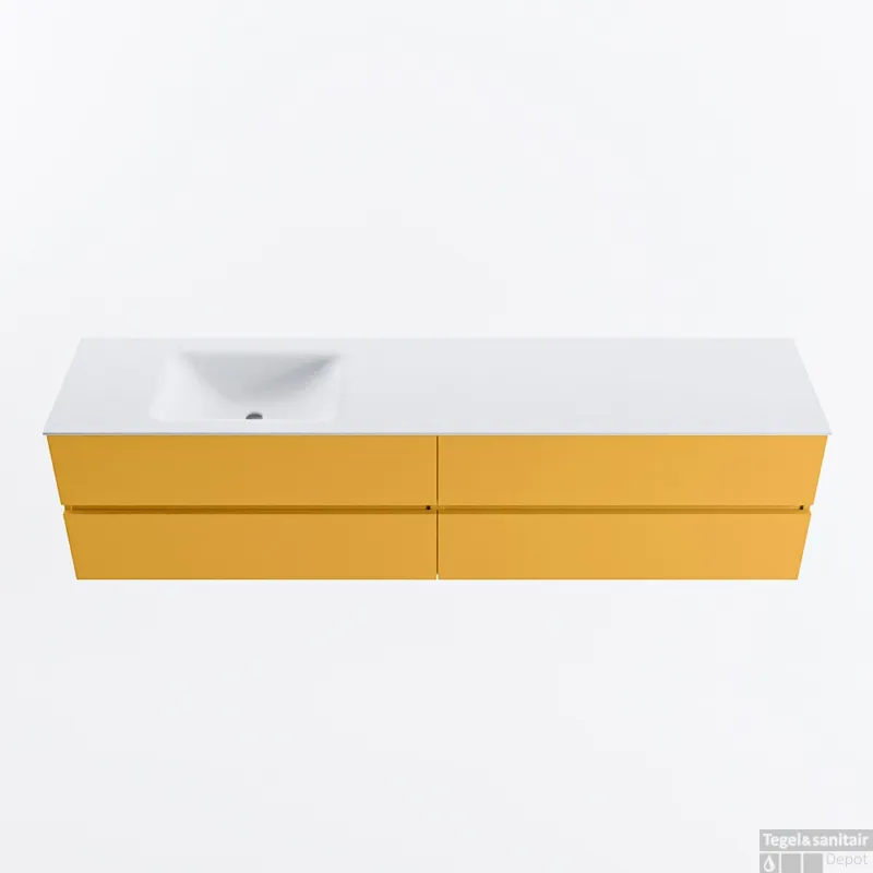 Direct Beschikbaar MONDIAZ VICA 200cm badmeubel onderkast Ocher 4 lades. Wastafel CLOUD links zonder kraangat, kleur Talc.