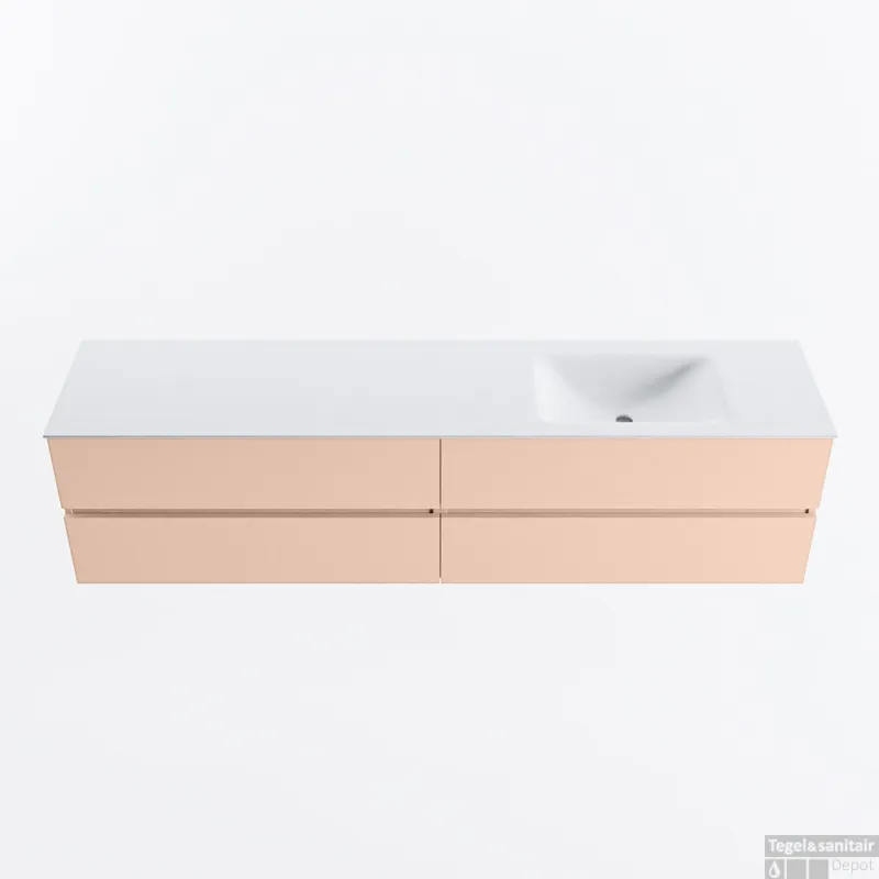 Beperkte Voorraad MONDIAZ VICA 200cm badmeubel onderkast Rosee 4 lades. Wastafel CLOUD rechts 1 kraangat, kleur Talc.