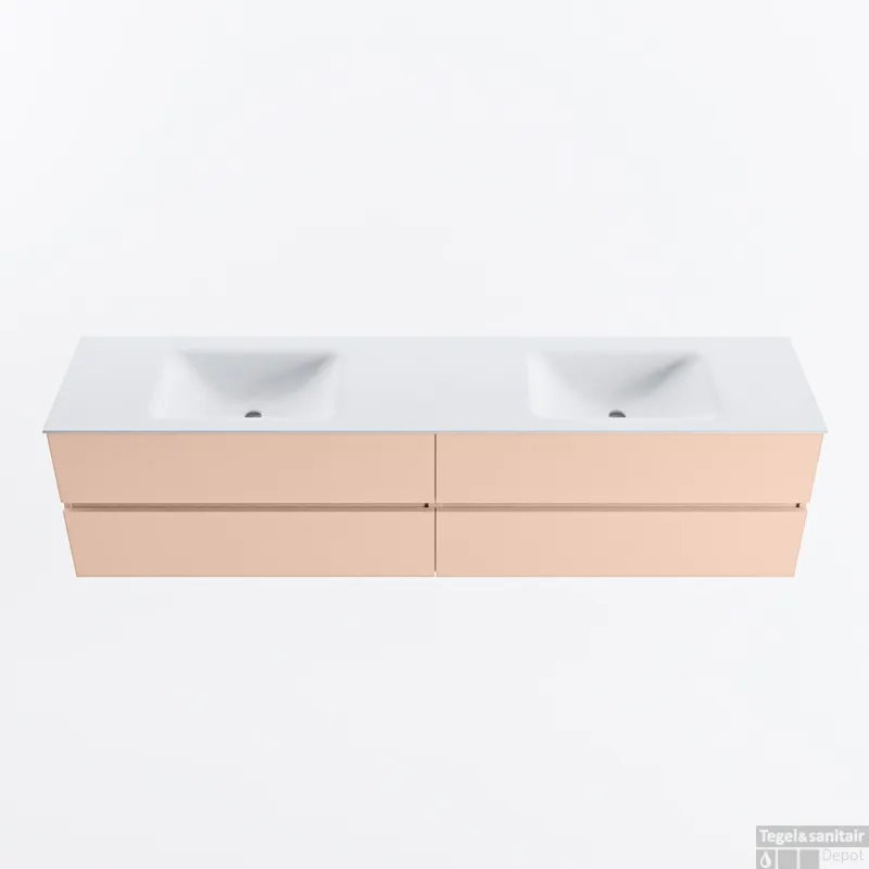 Speciale Aanbieding MONDIAZ VICA 200cm badmeubel onderkast Rosee 4 lades. Wastafel CLOUD dubbel zonder kraangat, kleur Talc.