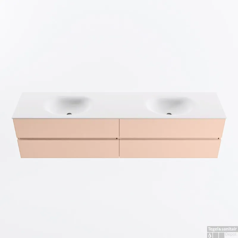 Snelle Levering MONDIAZ VICA 200cm badmeubel onderkast Rosee 4 lades. Wastafel MOON dubbel 2 kraangaten, kleur Talc.