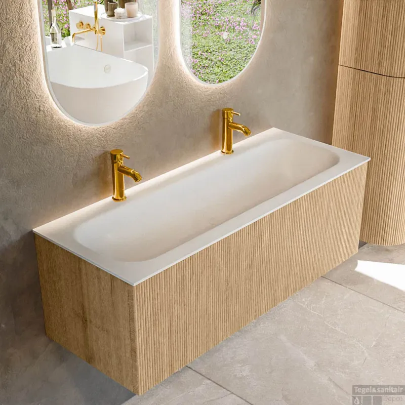 Populair Mondiaz KURVE 120 cm Onderkast Greeploos 1 Lade Zonder Deuren Oak, Wastafel Solid Surface Volledig Talc 2 Kraangaten Zonder Spiegel (KRVBGL1201L0D2KM-Oak/Tal)