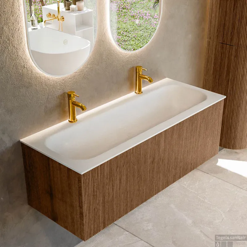 Bestseller Mondiaz KURVE 120 cm Onderkast Greeploos 1 Lade Zonder Deuren Walnut, Wastafel Solid Surface Volledig Talc 2 Kraangaten Zonder Spiegel (KRVBGL1201L0D2KM-Wal/Tal)