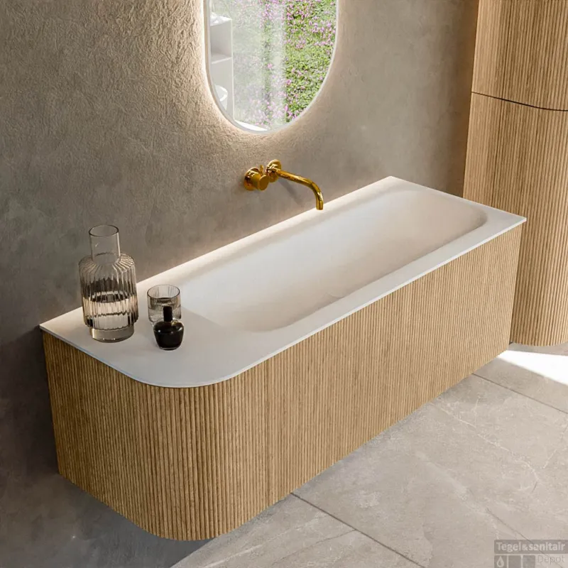 Hoge Kwaliteit Mondiaz KURVE 125 cm Onderkast Greeploos 1 Lade Met Deuren Oak, Wastafel Solid Surface Rechts Talc 0 Kraangaten Zonder Spiegel (KRVBGM125L1L1D0KR-Oak/Tal)