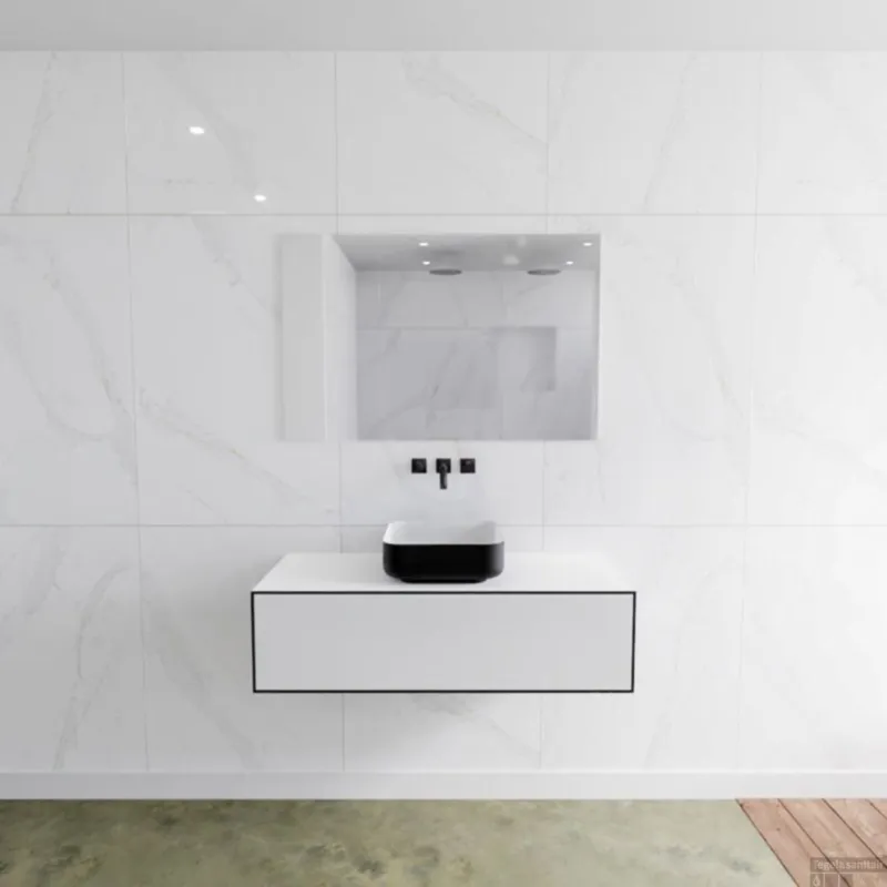 Badkamermeubelset Mondiaz LAGOM 110 cm Topblad met Gecentreerde Wastafel Solid Surface Opzetkom Binx Zonder Kraangaten Mat Zwart (1 lade) Seizoensaanbieding
