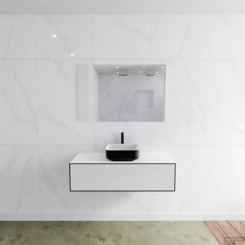 Badkamermeubelset Mondiaz LAGOM 110 cm Topblad met Gecentreerde Wastafel Solid Surface Opzetkom Binx met 1 Kraangat Mat Zwart (1 lade) Beperkte Voorraad