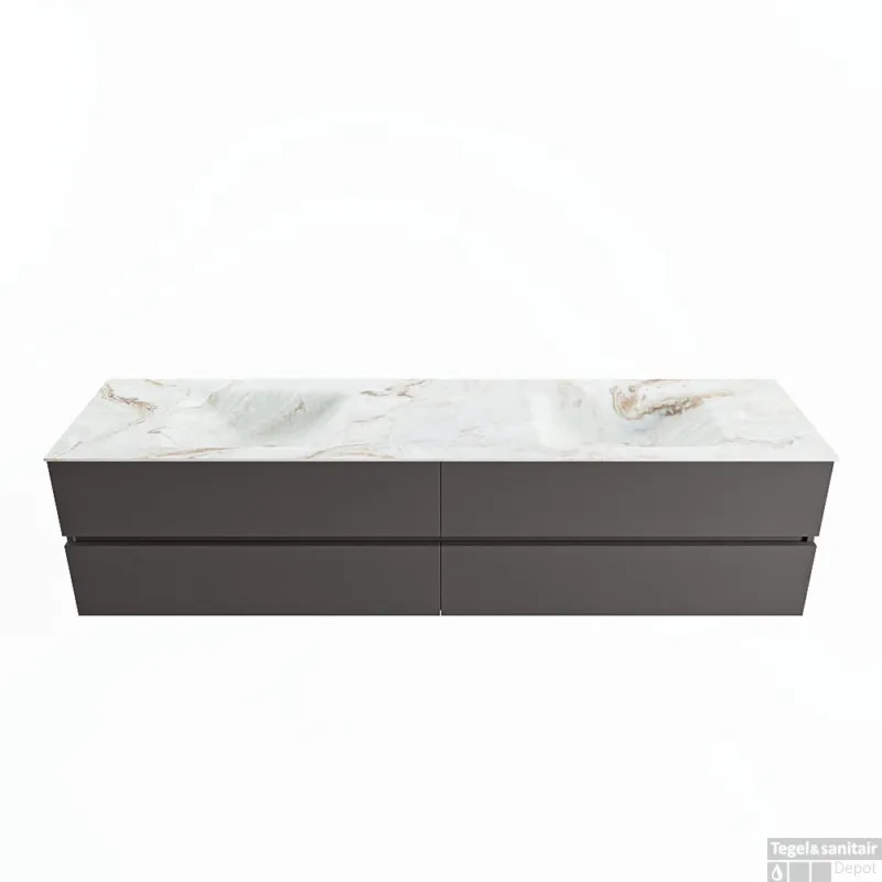 MONDIAZ VICA-DLUX 200cm badmeubel onderkast Dark grey 4 lades. Inbouw wastafel CLOUD dubbel zonder kraangat, kleur Frappe. Nieuw