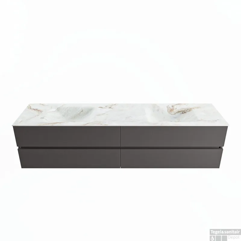 Populair MONDIAZ VICA-DLUX 200cm badmeubel onderkast Dark grey 4 lades. Inbouw wastafel CLOUD dubbel 2 kraangaten, kleur Frappe.