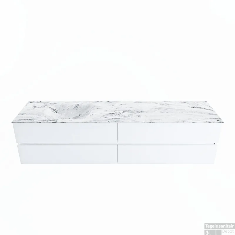 Hoge Kwaliteit MONDIAZ VICA-DLUX 200cm badmeubel onderkast Talc 4 lades. Inbouw wastafel CLOUD links zonder kraangat, kleur Glace.