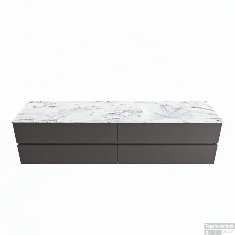 MONDIAZ VICA-DLUX 200cm badmeubel onderkast Dark grey 4 lades. Inbouw wastafel CLOUD rechts zonder kraangat, kleur Glace. Laatste Versie