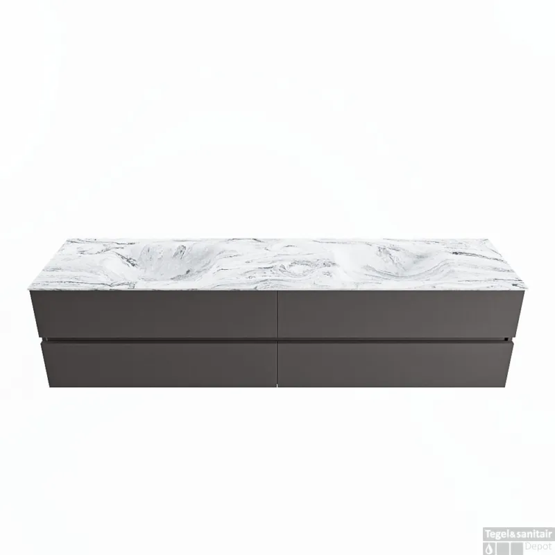 Hoge Kwaliteit MONDIAZ VICA-DLUX 200cm badmeubel onderkast Dark grey 4 lades. Inbouw wastafel CLOUD dubbel zonder kraangat, kleur Glace.