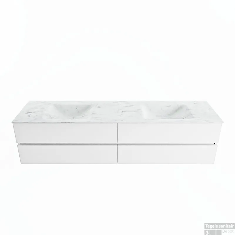 Gecertificeerd MONDIAZ VICA-DLUX 200cm badmeubel onderkast Talc 4 lades. Inbouw wastafel CLOUD dubbel 2 kraangaten, kleur Opalo.