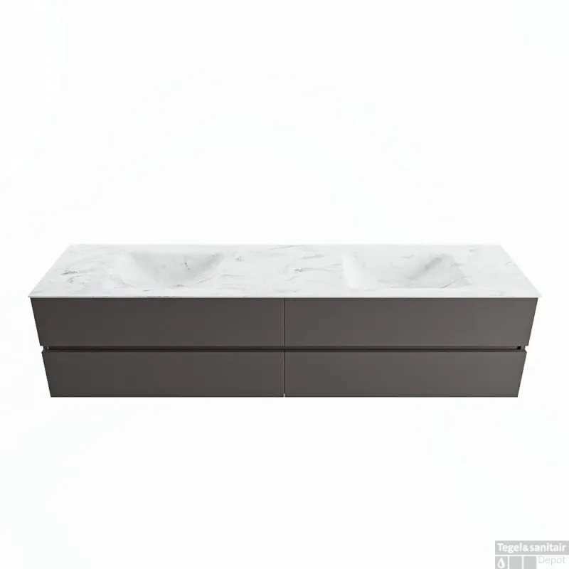 Op = Op MONDIAZ VICA-DLUX 200cm badmeubel onderkast Dark grey 4 lades. Inbouw wastafel CLOUD dubbel zonder kraangat, kleur Opalo.