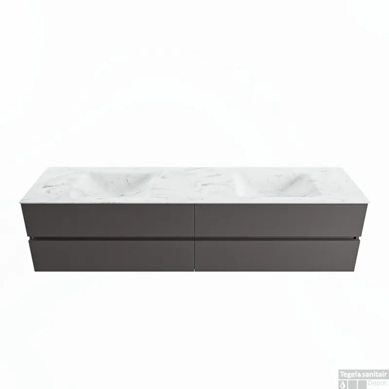 Beste Prijs MONDIAZ VICA-DLUX 200cm badmeubel onderkast Dark grey 4 lades. Inbouw wastafel CLOUD dubbel 2 kraangaten, kleur Opalo.