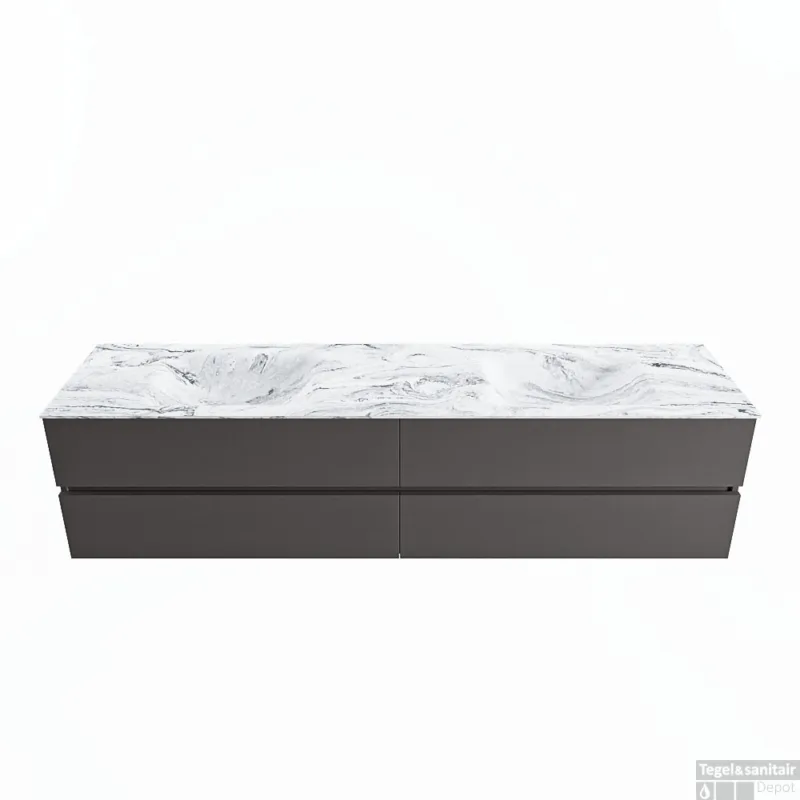 MONDIAZ VICA-DLUX 200cm badmeubel onderkast Dark grey 4 lades. Inbouw wastafel CLOUD dubbel 2 kraangaten, kleur Glace. Lage Prijs