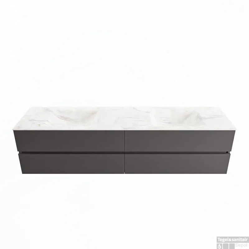 Veilige Betaling MONDIAZ VICA-DLUX 200cm badmeubel onderkast Dark grey 4 lades. Inbouw wastafel CLOUD dubbel 2 kraangaten, kleur Ostra.