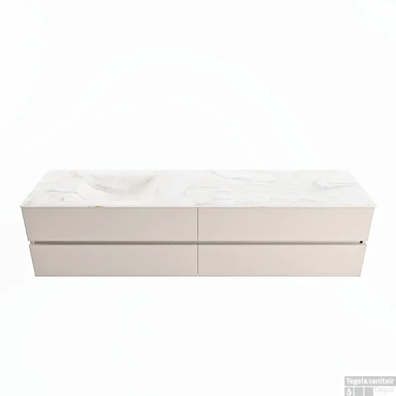 Hete Deal MONDIAZ VICA-DLUX 200cm badmeubel onderkast Linen 4 lades. Inbouw wastafel CLOUD links 1 kraangat, kleur Ostra.