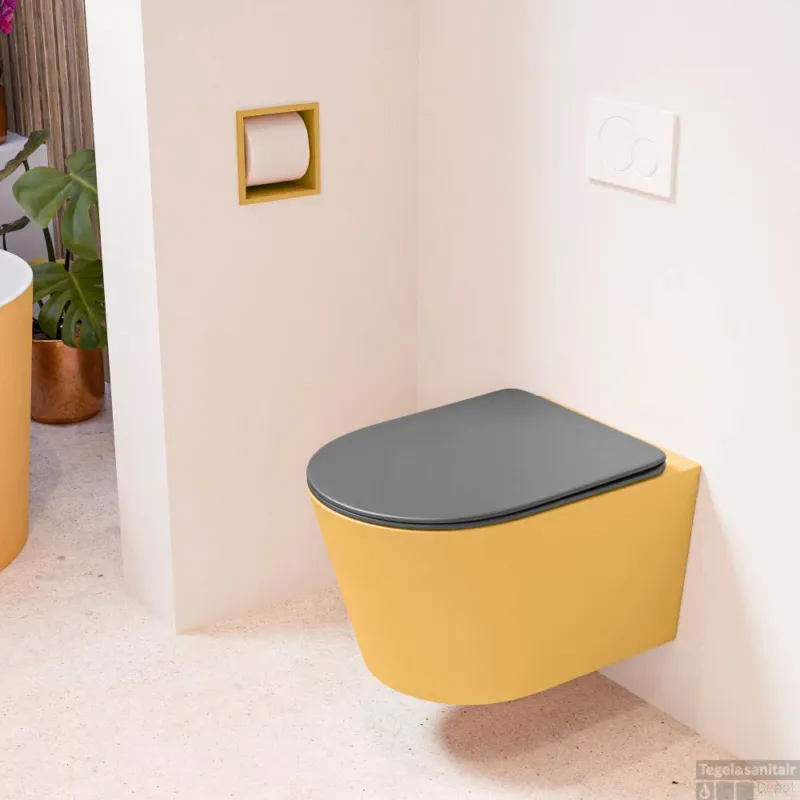 MONDIAZ LAVIE hangend toilet single fire rimless diepspoel Ocher, Toiletzitting met quick-release & softclose Dark Grey Voordeelprijs