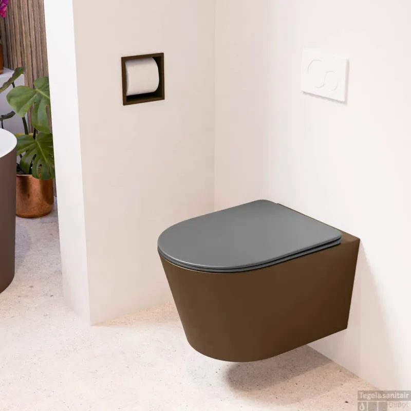 Aanbieding MONDIAZ LAVIE hangend toilet single fire rimless diepspoel Rust, Toiletzitting met quick-release & softclose Dark Grey