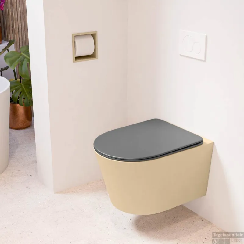 MONDIAZ LAVIE hangend toilet single fire rimless diepspoel Sand, Toiletzitting met quick-release & softclose Dark Grey Lage Prijs