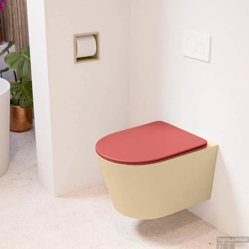 Op = Op MONDIAZ LAVIE hangend toilet single fire rimless diepspoel Sand, Toiletzitting met quick-release & softclose Fire