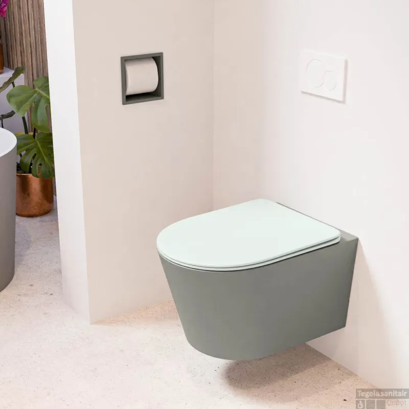Superprijs MONDIAZ LAVIE hangend toilet single fire rimless diepspoel Smoke, Toiletzitting met quick-release & softclose Greey
