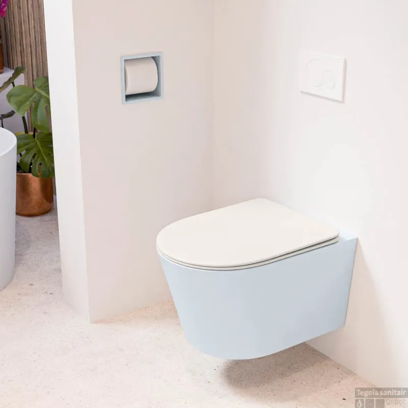 MONDIAZ LAVIE hangend toilet single fire rimless diepspoel Clay, Toiletzitting met quick-release & softclose Linen Favoriet